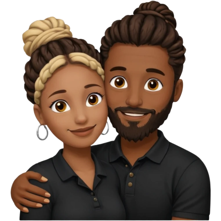 Couple emoji: smiling woman with brown skin, nose ring, makeup, hugging man with dark skin, beard, dreadlocks in a bun, wearing black polo. Warm, loving vibe. emoji