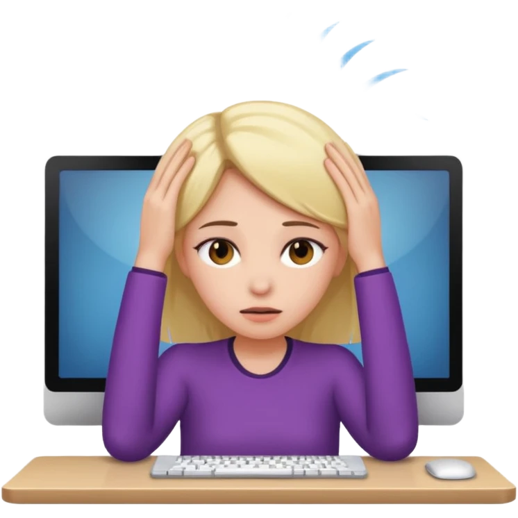 A girl is in front of a computer and is holding her head. emoji