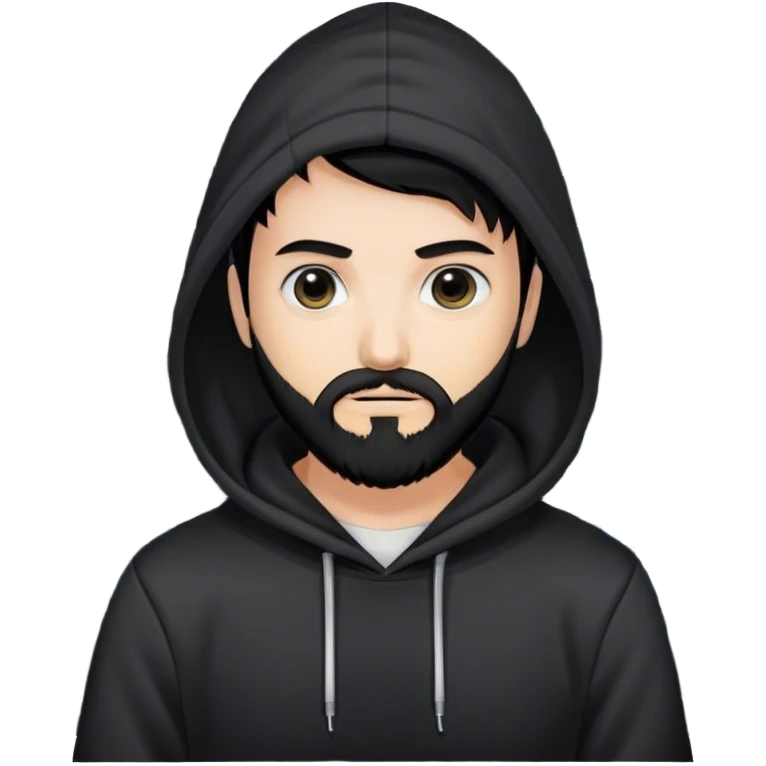 hackeur blanc cheveux noir barbe et capuche noir à côté d'un server ia emoji