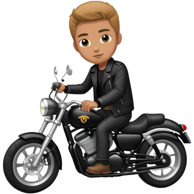 Hombre claro con chaqueta negra con moto negra marca custom emoji