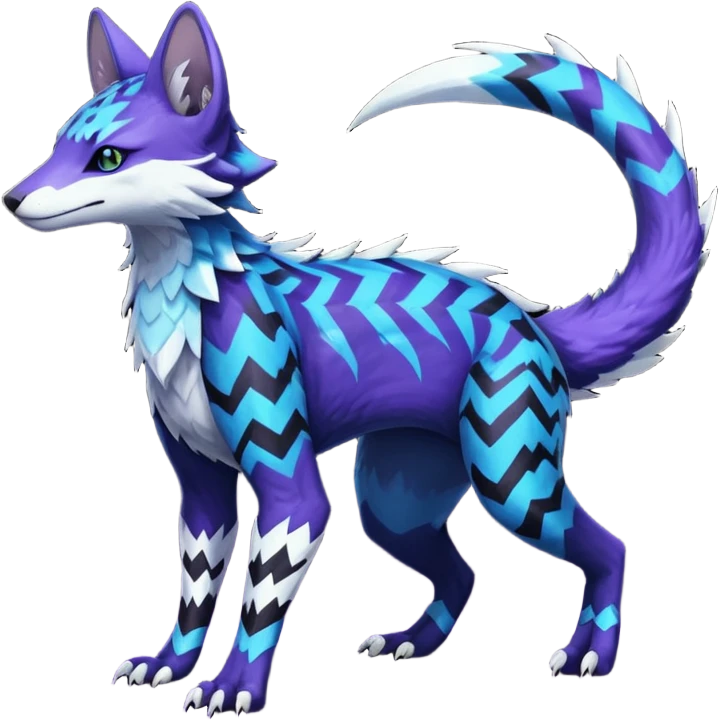 starry sparky fizzy Black-Dark-Vortexed Lightning-strike-zig-zag-patterned striking indigo-violet-blue-cyan-gradiented with dark undertones, white underside, thunderous stormy edgy badass realistic Vernid-Sergal-Genet-Trico-species by LiLaiRa, full body emoji