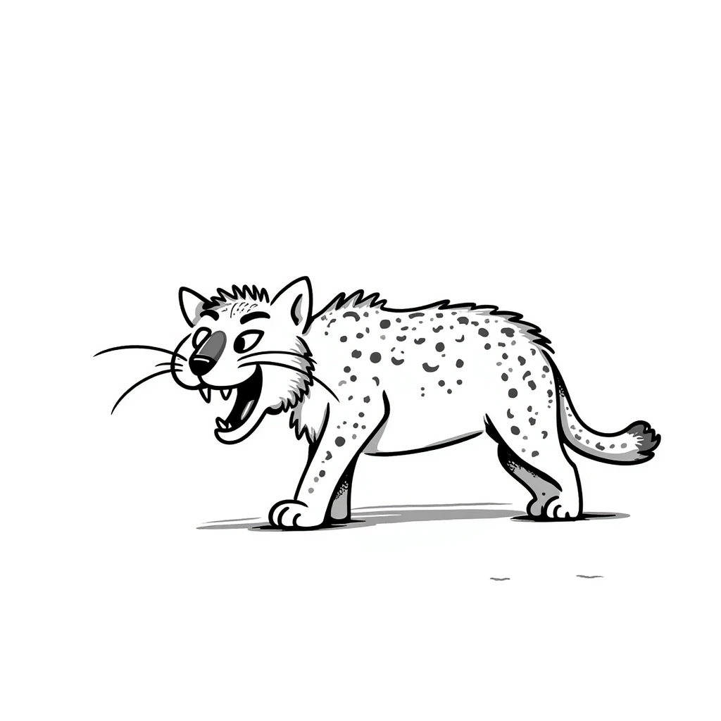 sketch of a saber-toothed cat with ludicrously long canine teeth that extend far below its body, extreme sword-like tusks emoji