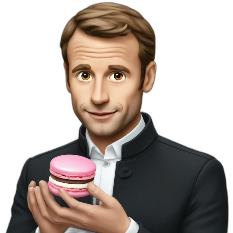 Macron holding a macaron with his face emoji