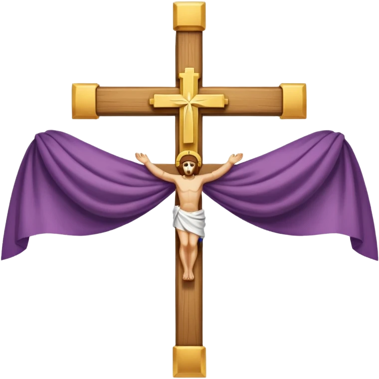 Cross made of wood, the top of the tip of the cross, a golden cross, and a white cloth hanging over the two arms of the cross emoji