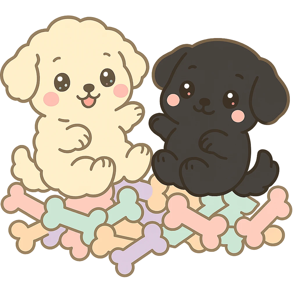 Change the small dog to a true black color, keeping the kawaii chibi style and transparent background. Leave the large dog and the pile of colorful bones unchanged. emoji