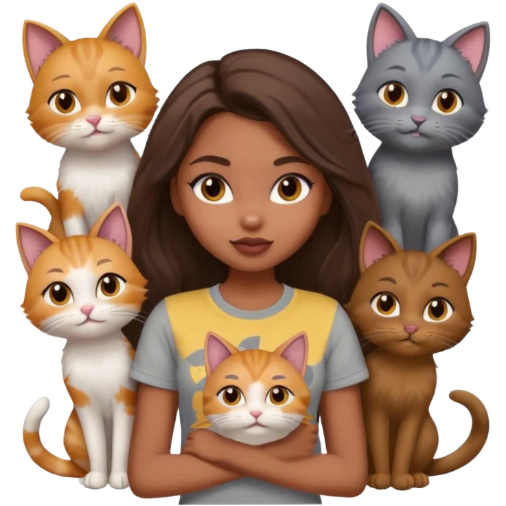 a pretty bratz dusky girl with long brown hair with six cats nd wearing a grey tshirt emoji