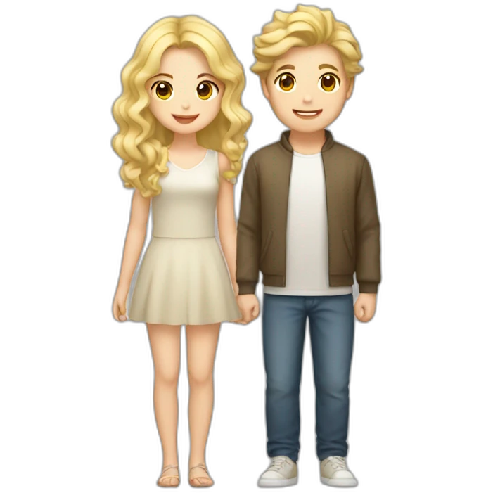 blonde wavy hair girl, japanese tan boy, couple emoji