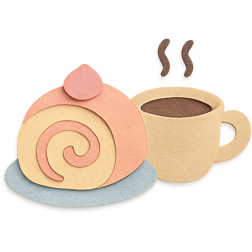 small hand-drawn roll cake with coffee cup beside, soft pastel kawaii style emoji