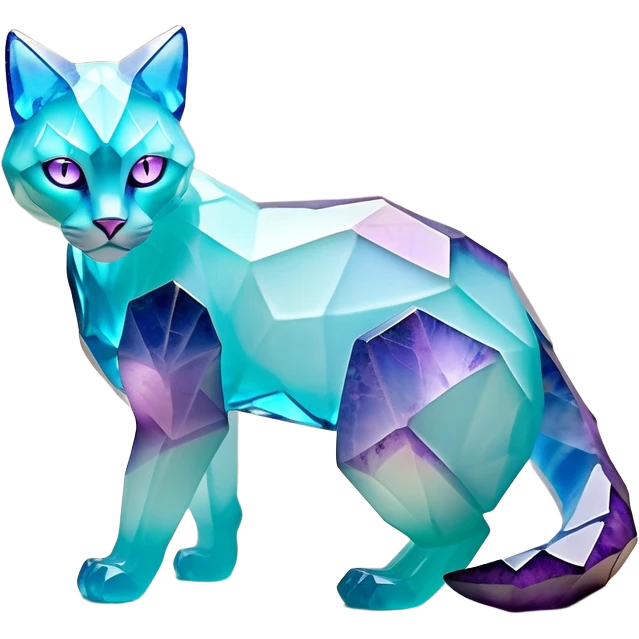 This fascinating hybrid creature combines the rocky ferocity of Boulderbite with the mystical elegance of Etherfeline. The result is a creature with a core body composed of angular, faceted stones in varying shades of turquoise, pink and gray. From the cracks between these stones emanates a soft blue ethereal glow. It has the general shape of a feline, but with crystalline rock formations creating its limbs and body. Its large, expressive eyes feature purple irises with amber outer rings, giving it a hypnotic gaze. The creature sports pointed ears lined with purple crystal formations, and a tuft of blue flame-like energy flows from its head and along its spine. Its tail is a flexible chain of smaller rocks wrapped in the same ethereal blue energy. When it opens its mouth, sharp crystalline teeth are revealed, though its expression is more mysterious than threatening. Small whisker-like energy tendrils extend from its muzzle, occasionally emitting tiny ice crystals. full body emoji