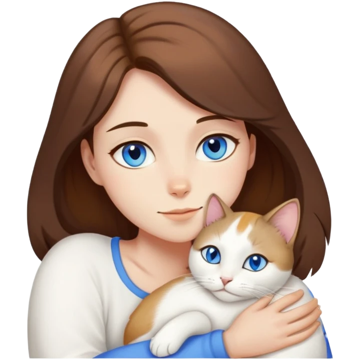 Mid cut brown hair snuggling white cat with blue and yellow eyes  emoji