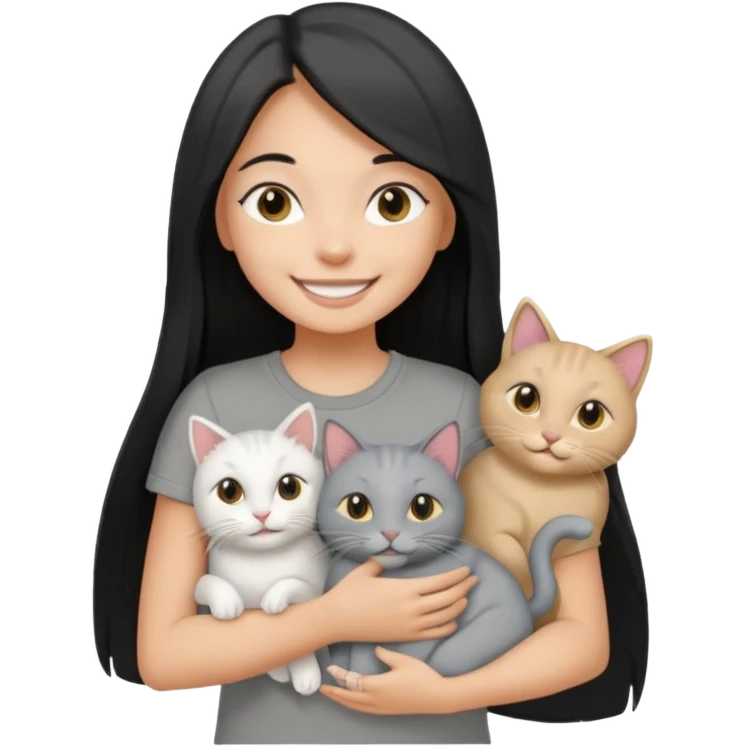 a pretty tan bratz girl with black long straight hair, wearing a grey tshirt smiling and holding 3 white cat\ emoji