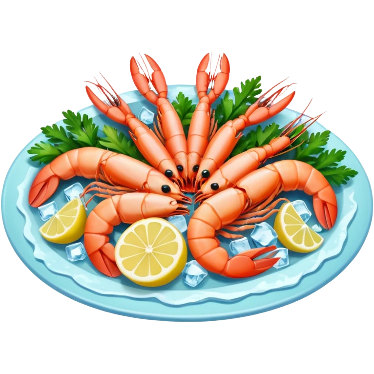 Create a realistic seafood platter with cooked prawns, ice, & garnish. emoji