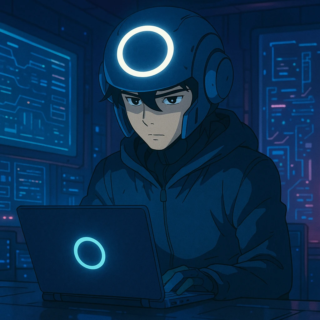 ghibli style futuristic tech boy with robot helmet, glowing white circle, high-tech laptop, neon cyberpunk room, holographic displays, focused, mysterious emoji