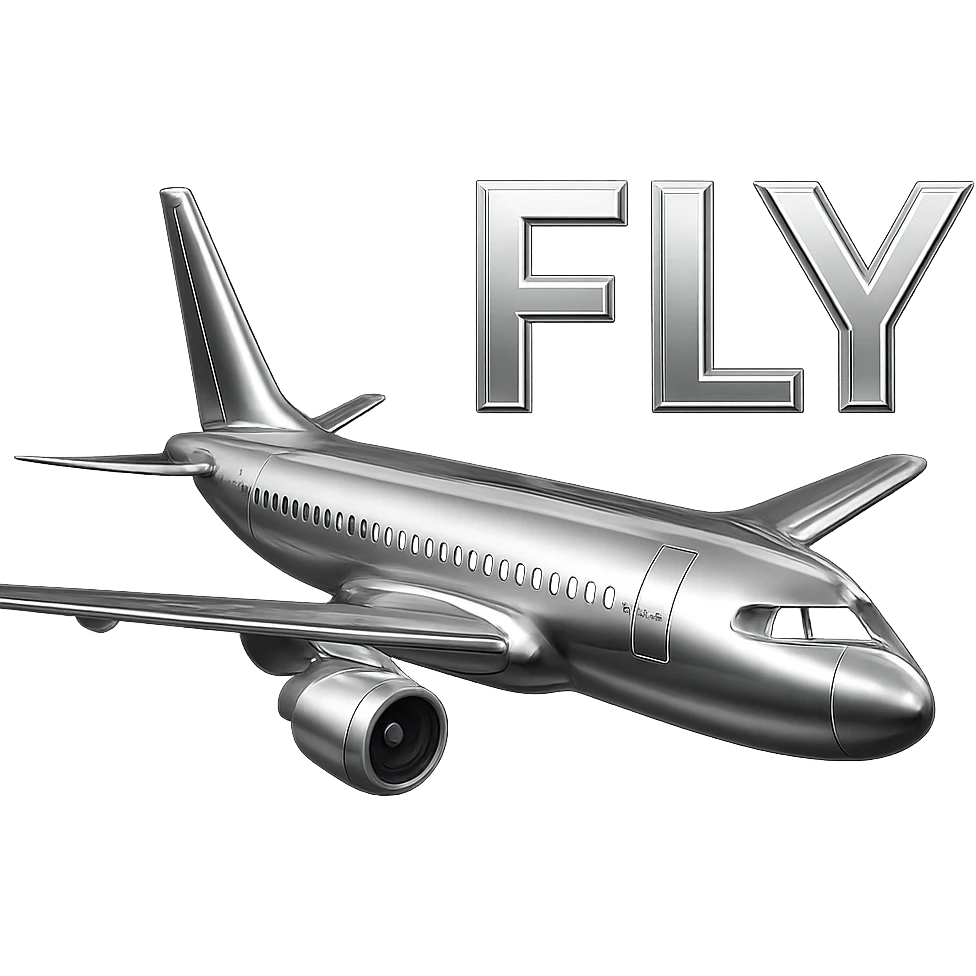 airplane at high altitude with FLY text in chrome letters, chrome style emoji