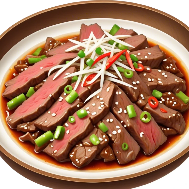 Bulgogi Cinematic Realistic Bulgogi Dish Emoji, depicted as thinly sliced, marinated beef stir-fried to perfection, rendered with dynamic textures and vibrant, appetizing lighting. emoji