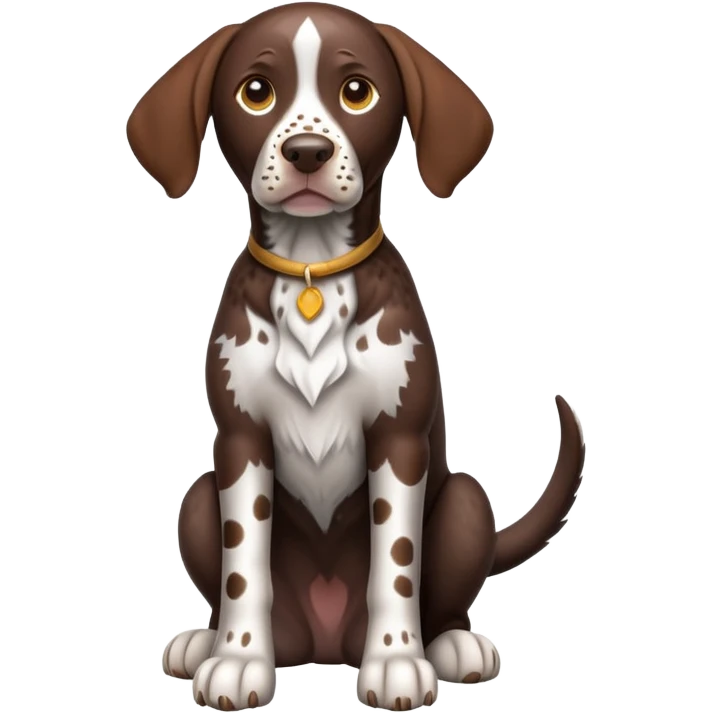 cinematic-[german pointer]-realistic-full-body-sitting-emoji,-tail-resting-loosely-beside-its-paws,-head-tilted-dramatically,-sleek-[brown and white spotten]-fur,-simplified-yet-realistic-focused-features,-highly-detailed,-glowing-with-an-almost-sarcastic-glow emoji