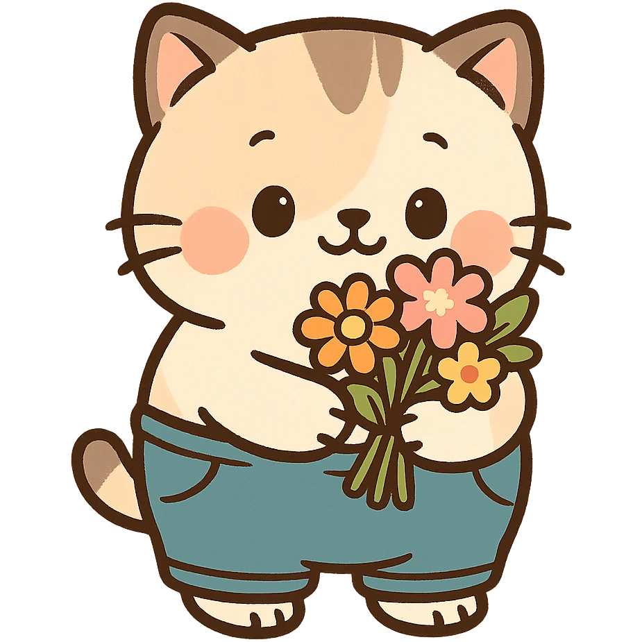 a chubby kitten wearing tiny pants and holding a bouquet of flowers, in a cute cartoon style emoji