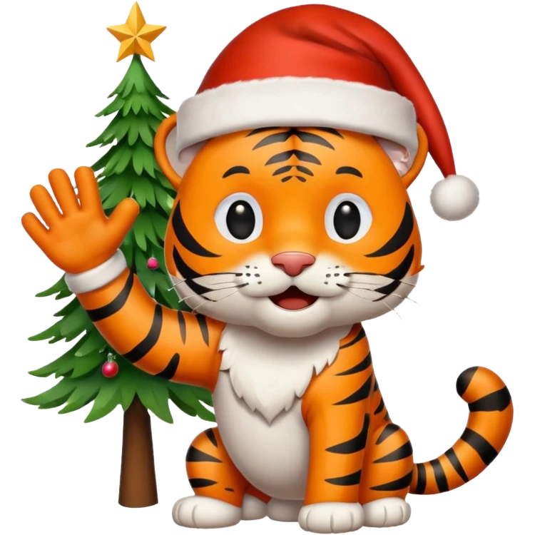 Happy tiger waving by a Christmas tree wearing a Santa hat emoji