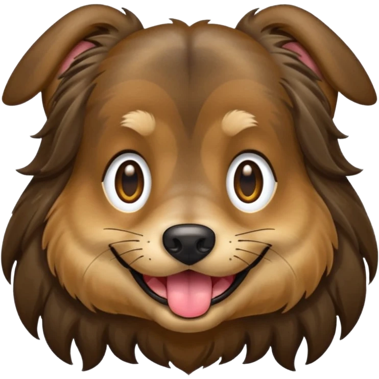 dog face with a long-haired brown and black brindle coat and light brownish gold eyes smiling with tongue hanging slightly out. emoji