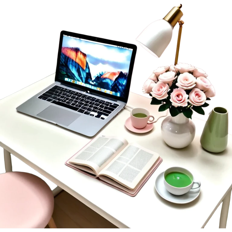 seeing a working from home desk from above with a macbook computer, fashion/interior magazines, flowers in a little vase, louis poulsen portable lamp with a dimmed cozy light and a iced matcha. very girly aesthetic emoji