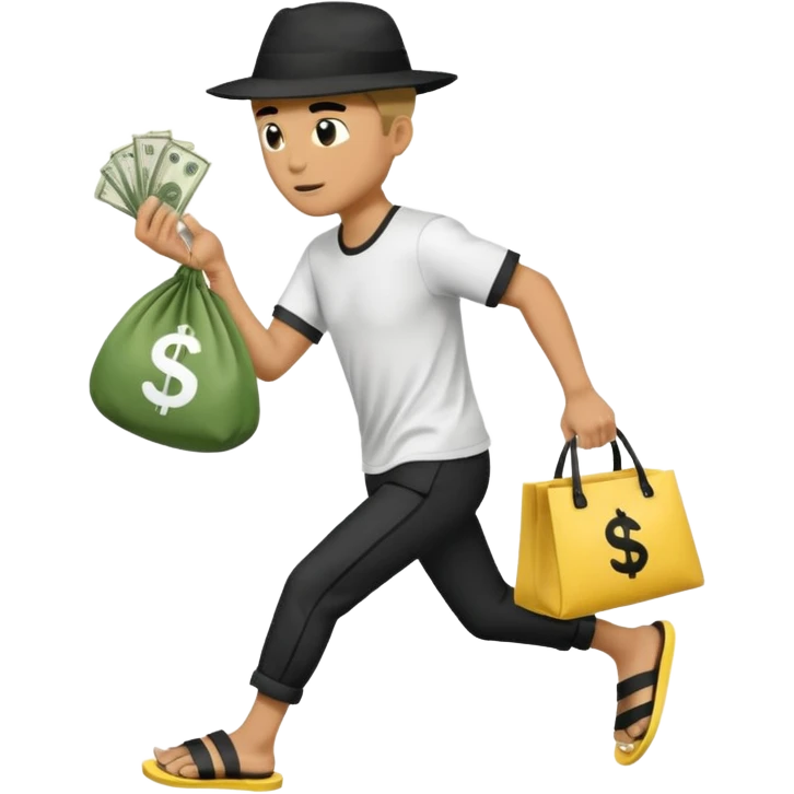 Make a man wear a black pant and he shirt is balck line and white line and wear a black hat and he holding a money bag and he running he wear a black eye thing no money in the Left hand and he yellow and the money bag in the right he wear a flip flop like this is Money bag 💰 NO MONEY emoji