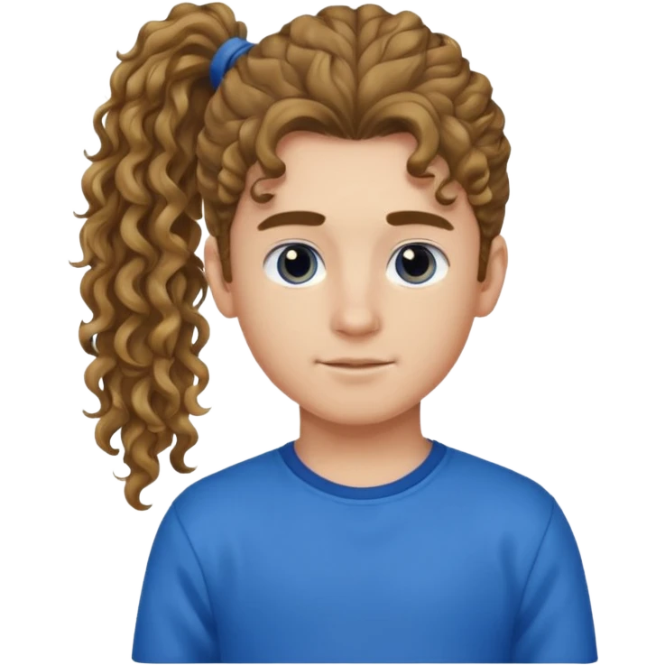 یه پسر با موهای  بلند و فرفری با لباس ابی موهاش رو دُم اسبی  بسته باشه emoji