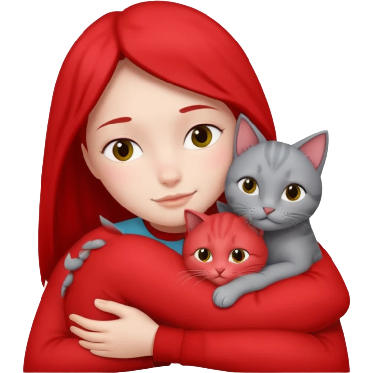 Make 20 gray cats cudling a person wearing all red  emoji