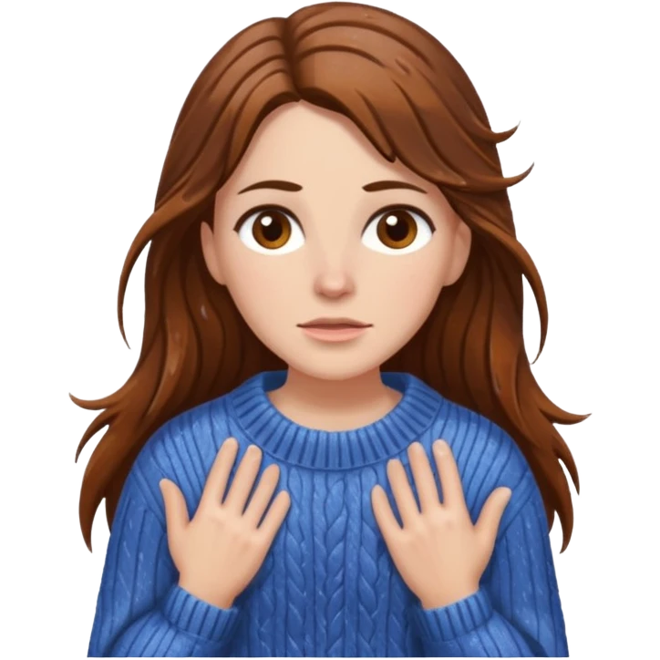 white woman with long brown hair and brown eyes, wearing a sweater, in the rain emoji