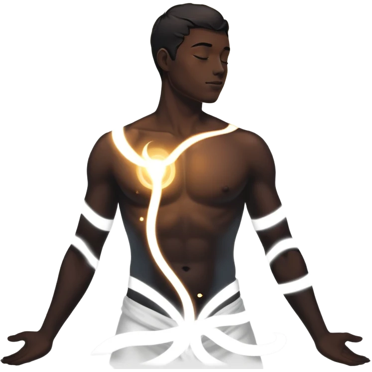 minimalist dark male silhouette with flowing black-and-white curves across the lower body, now overlaid with a small, softly glowing spark or radiant light near the chest or head — symbolizing inspiration, inner fire, and creative energy awakening” emoji