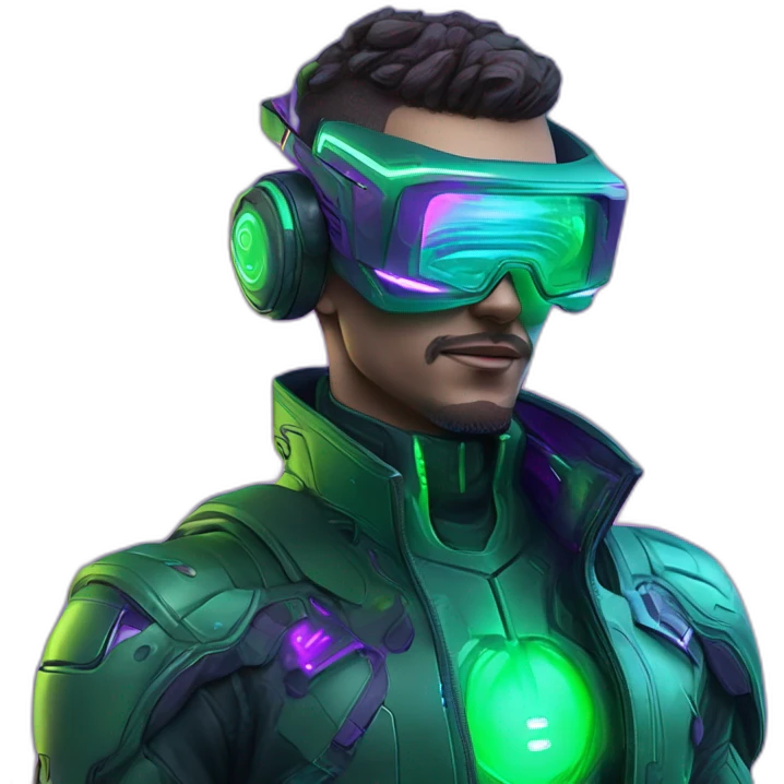A hiperrealistc cyberwear futuristic metaverse Man playing with holograms cyberwear techwear green and purple neon perfect lights add a Futuristic cyberpunk metaverse headset emoji