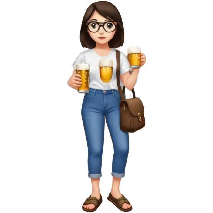 A pretty brunette in slippers, glasses, murals on her arms, a baggy school bag, drinking a beer emoji