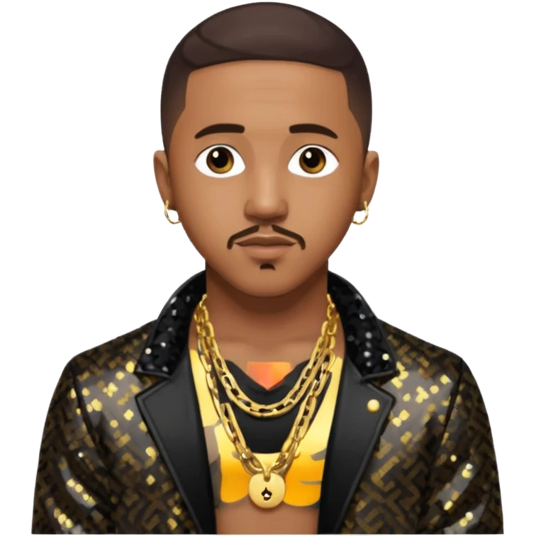 Marques Houston with dark brown hair, black sequin jacket, shirtless with necklace emoji