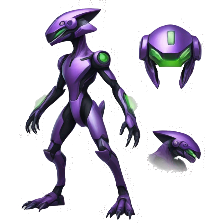 a shiny black-purple-green Genesect-Raptor-Fakémon—hybrid with a futuristic visor-helmet full body emoji