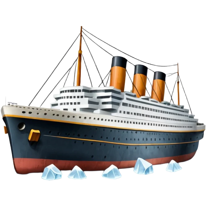 Titanic ship surrounded by floating ice, distressed look emoji