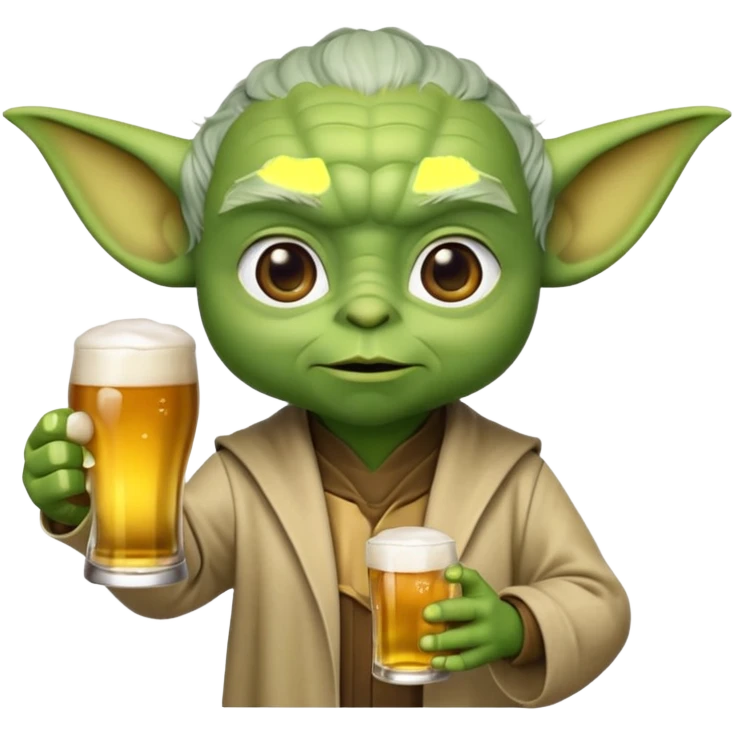 3D emoji-style Yoda head holding a beer glass in one hand. Smooth rounded shapes, soft gradients, friendly expression. Golden beer with foam in transparent glass. Close-up, centered. PNG, transparent background. emoji