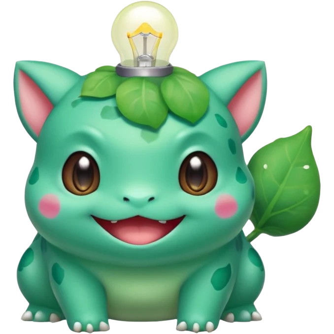 cute Bulbasaur Pokémon with soft rounded face, blushing cheeks, big smile, green and teal colors emoji
