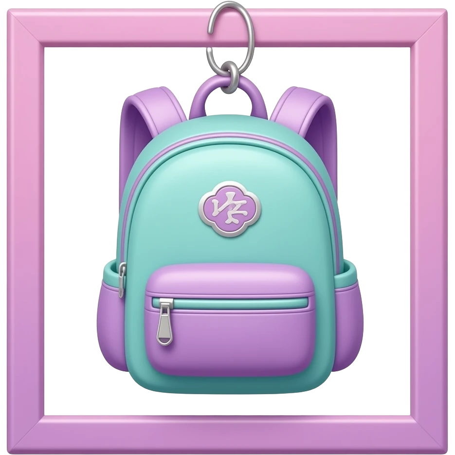 soft purple green school bagpack Plush keychain photo frame, transparent background inspired by barbie colour pallete emoji