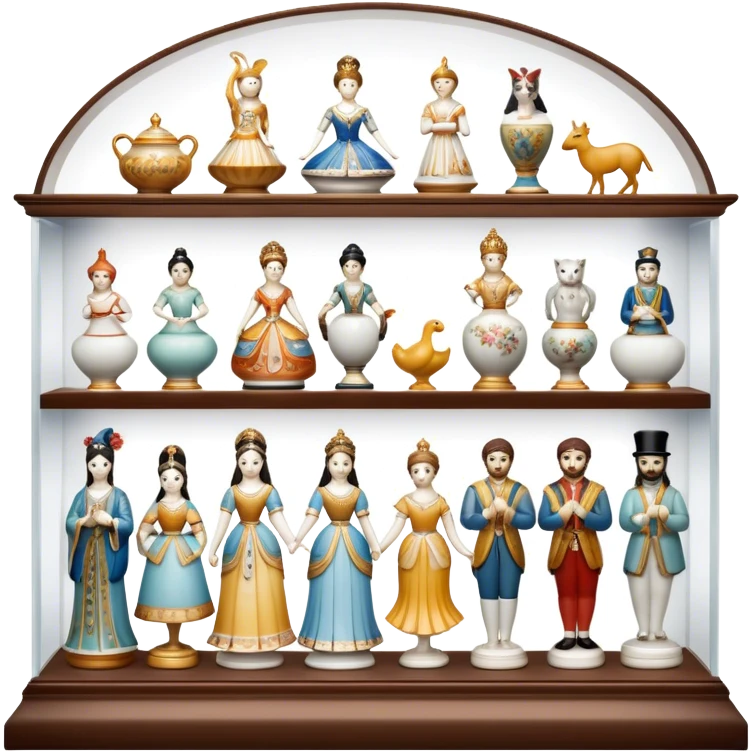 Icon for Porcelain Figurine Collecting: a collection of delicate porcelain figurines, such as animals, dancers, and historical characters, displayed on a shelf or in a display case. The icon should convey the elegance and artistry of collecting porcelain statues. Transparent background. emoji
