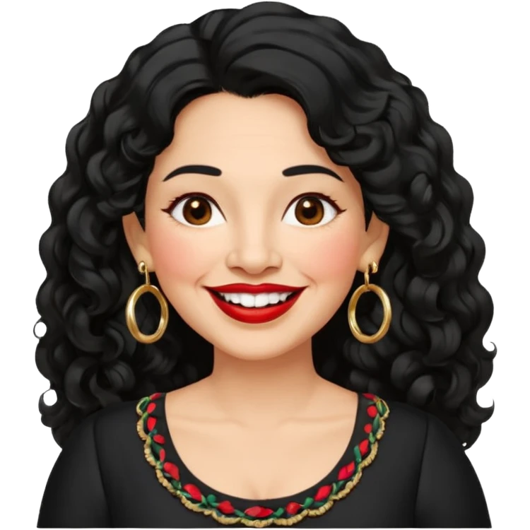 60 yr old Mexican woman, slightly chubby, wavy/curly long black hair, red lipstick, big smile, white teeth, brown eyes, hoop earings, side part to hair, round face, pretty white dress, hair side swept, big hoop earing emoji