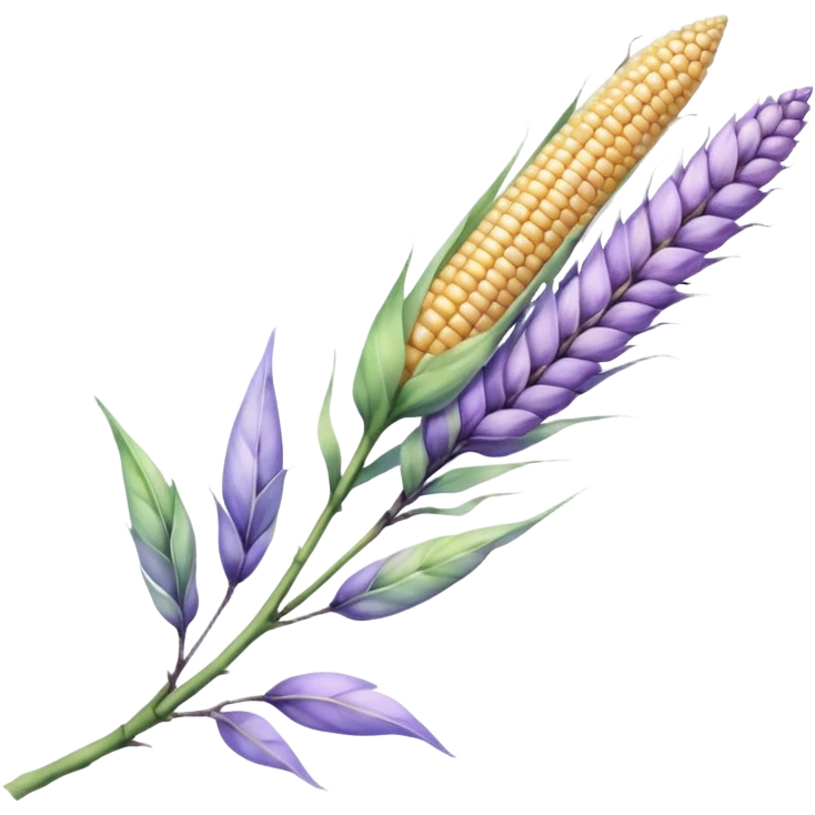 The art style is clean line art with delicate watercolor textures, pastel colors, and a dominant palette of lavender, soft lilac, and muted purple. Let the branch be more elongated and have short branches on it like ears of corn. emoji