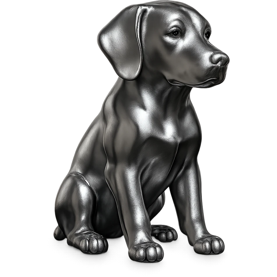               Apply a high-end, photorealistic metallic chrome material to the provided {subject}. The material should have a smooth, slightly curved surface with subtle reflections and soft shadows, resembling brushed or polished silver metal. Preserve the exact shape, proportions, and design of the original object. Set it against a solid black background (#000000) in 8K resolution. The lighting should enhance the beveled edges and reflective highlights, creating a sleek, premium finish. {subject} = dog emoji