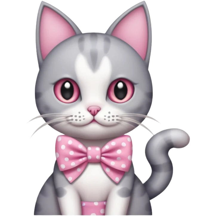 Evil Gray and white evil cat with a pink polka dot dress and with a pink polka dot bow emoji