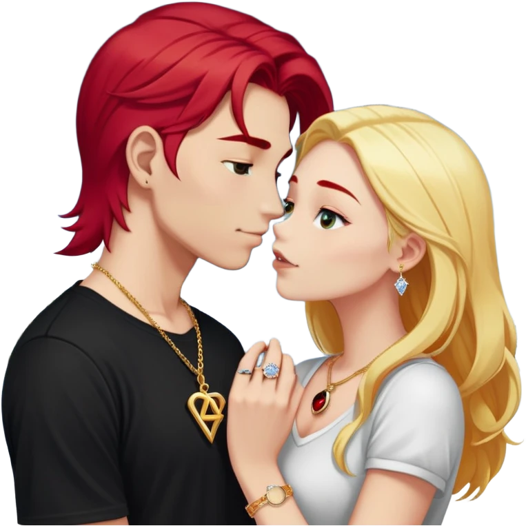young 20 year old couple kissing, girl with long cherry red hair and blonde eyebrows wearing gold necklace with letter A, diamond gold ring, red bracelet and light clothes, boy with pure snow white hair wearing dark t-shirt and silver ring with black stone emoji