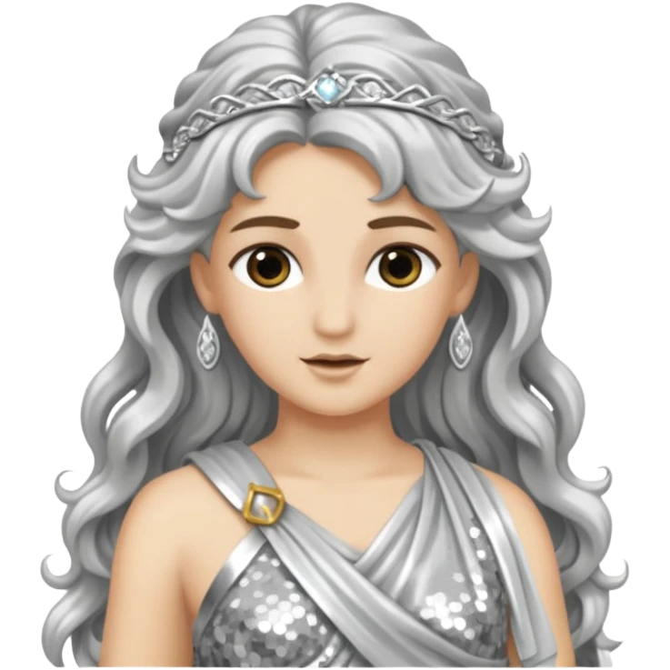 Diana from Roman Deities with long silver wavy hair, silver sequin toga emoji