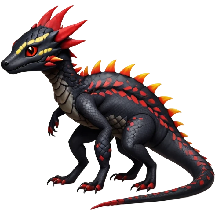 Rare realistic exotic edgy warm-colored dark gothic cool badass epic pretty beautiful handsome gorgeous aesthetic colorful vibrant Vernid-Trico-species-Fakemon-Salandit-hybrid-creature by LiLaiRa, 4 legs, 1 tail, random markings, (full body) emoji