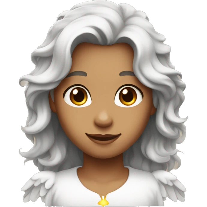 Angel with dark brown wavy hair and red eyes and has tan skin smile emoji