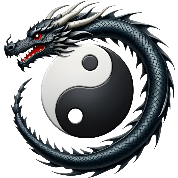 An icon symbolizing Eastern martial arts in the style of an emblem, featuring a black-and-white Yin-Yang symbol and a dragon at the center, surrounded by elements like a dojo. Transparent background highlights balance and power. emoji