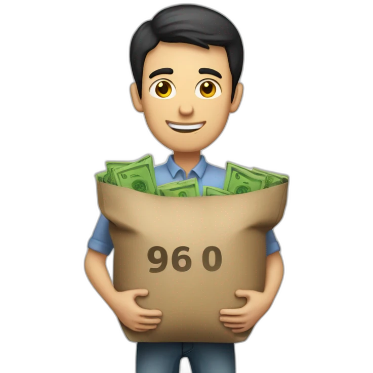 tall skinny white man with short dark hair carrying two sacks with dollar signs on them emoji