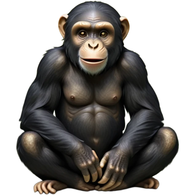 cinematic-chimpanzee-realistic-full-body-sitting-emoji,-long-powerful-arms-resting-on-its-knees,-expressive-dark-eyes-filled-with-intelligence-and-curiosity,-coarse-black-fur-textured-and-detailed,-softly-wrinkled-face-hinting-at-a-mischievous-smile,-slightly-open-mouth-showing-a-glimpse-of-teeth,-simplified-yet-realistic-focused-features,-highly-detailed,-glowing-with-a-warm-jungle-light

 emoji