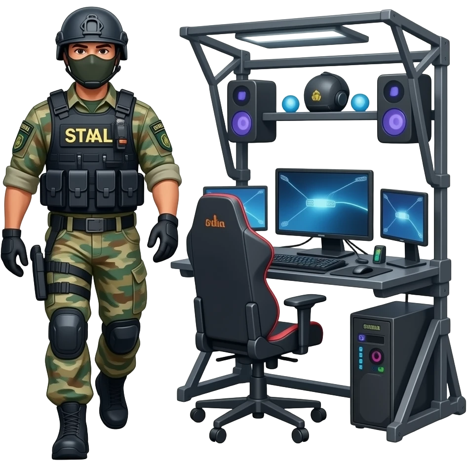 A swat guy that is going to a full gaming set up emoji